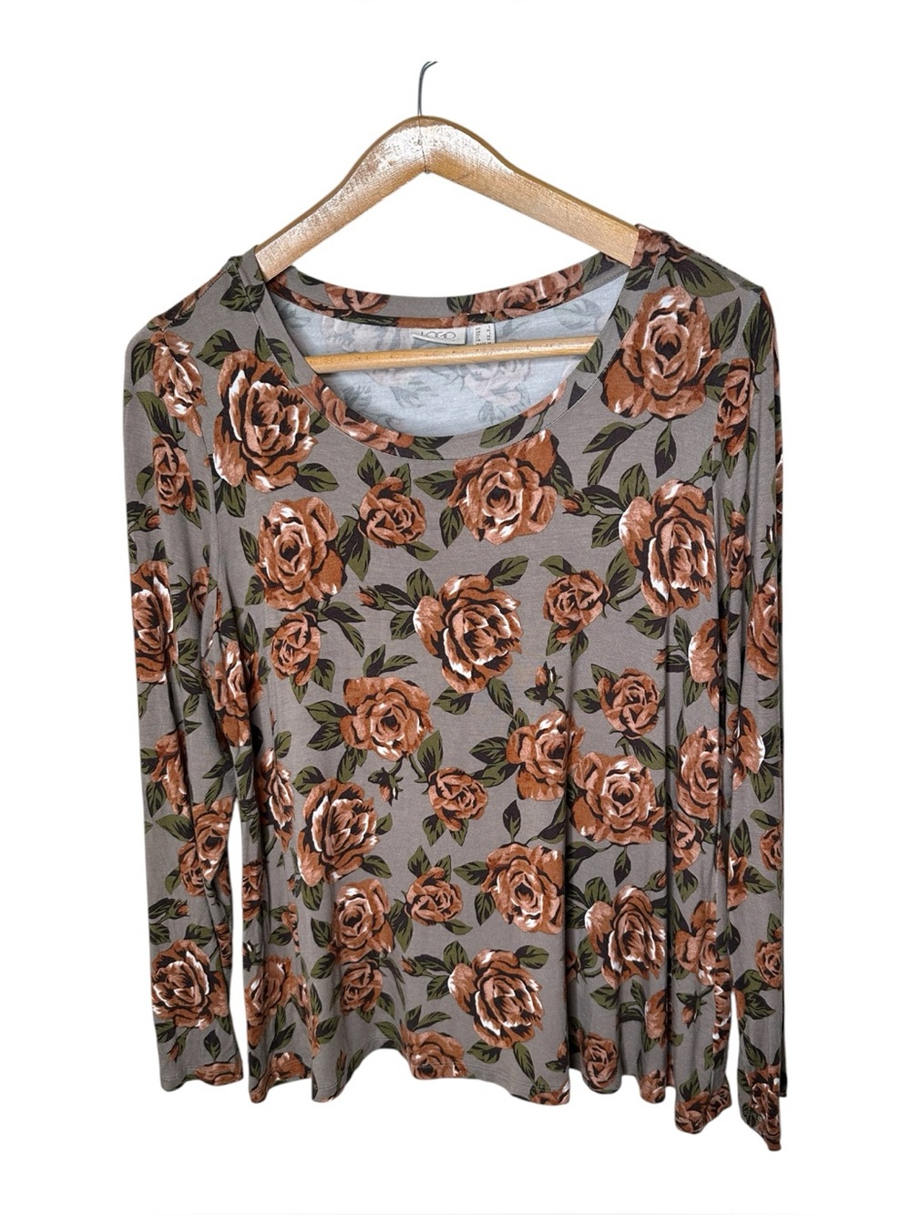 LOGO Lori Goldstein Long Sleeve Stretchy Knit Top Size Large Fall Floral Print